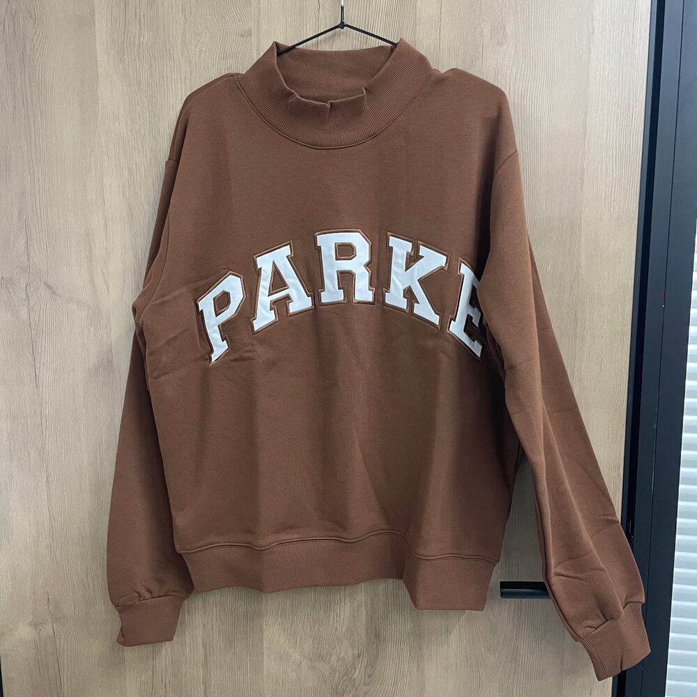Parke Brown White Varsity Mock Neck Sweatshirt